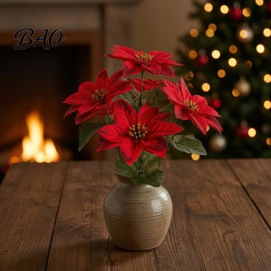 Vibrant Lush Fake Plant Decor 5/7/10/12 Heads Artificial Poinsettia Flowers, Christmas Floral Berry Centerpiece, Outdoor UV Resistant Greenery