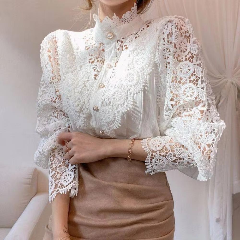 Women Chiffon Button Turtleneck Shirt Chic Elegant Floral Lace Fluffy Long Sleeve Top Fashion Hollow Oversize White Blouse