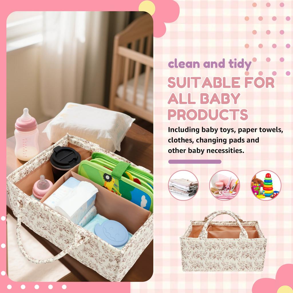 Floral Diaper Caddy Organizer with Handles and Removable Dividers Portable Nursery Storage Basket Versatile Baby Storage Basket