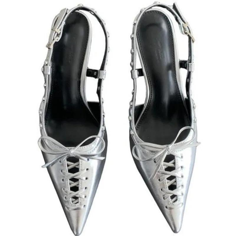 Fashion Design Rivets Back Buckle Strap Women Pumps Hollow Out Lace Up Pointed Toe Low Thin Heels Mules Sandalias De Mujer Shoes
