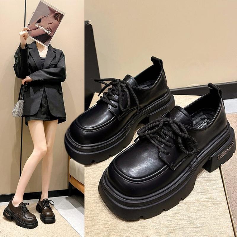 British style small leather shoes women's autumn new lace-up retro versatile small thick-soled black loafers