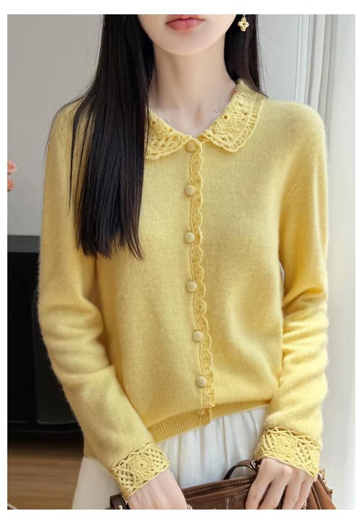 Autumn/Winter Wool Knit Polo Neck Cardigan - Women's Long Sleeve Hollow Crochet Loose Outerwear