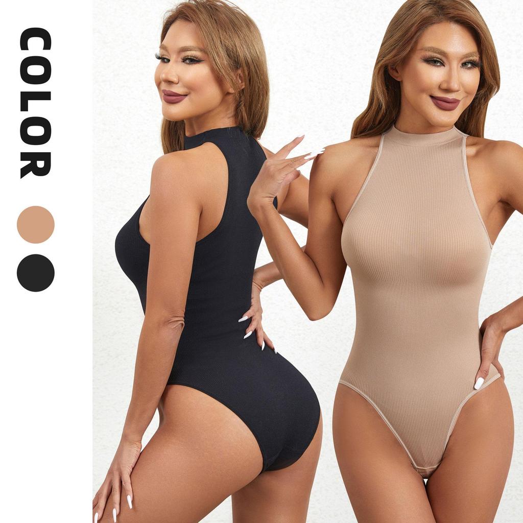 Women's Sleeveless Round Neck Bodysuit with Button Tights - T-Shaped Body Shaper