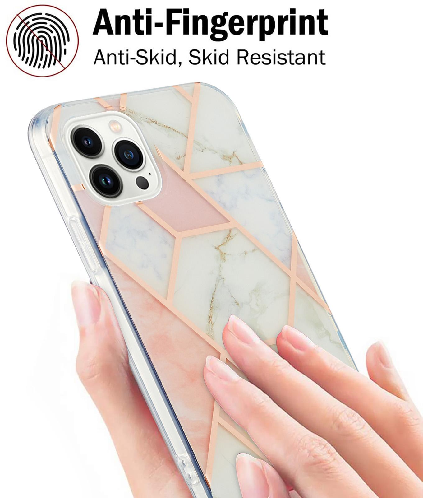

For iPhone 16 Pro Max Case Splicing IMD Marble Pattern Electroplated TPU Back Cover Pink/White