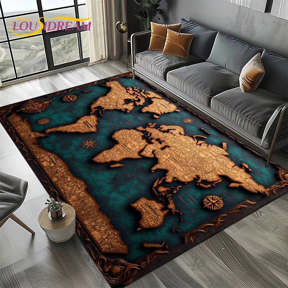 2025 Retro Ancient Nautical Chart Kraft World Map Compass Carpet Rug for Living Room Bedroom Sofa Decoration,Non-slip Floor Mat