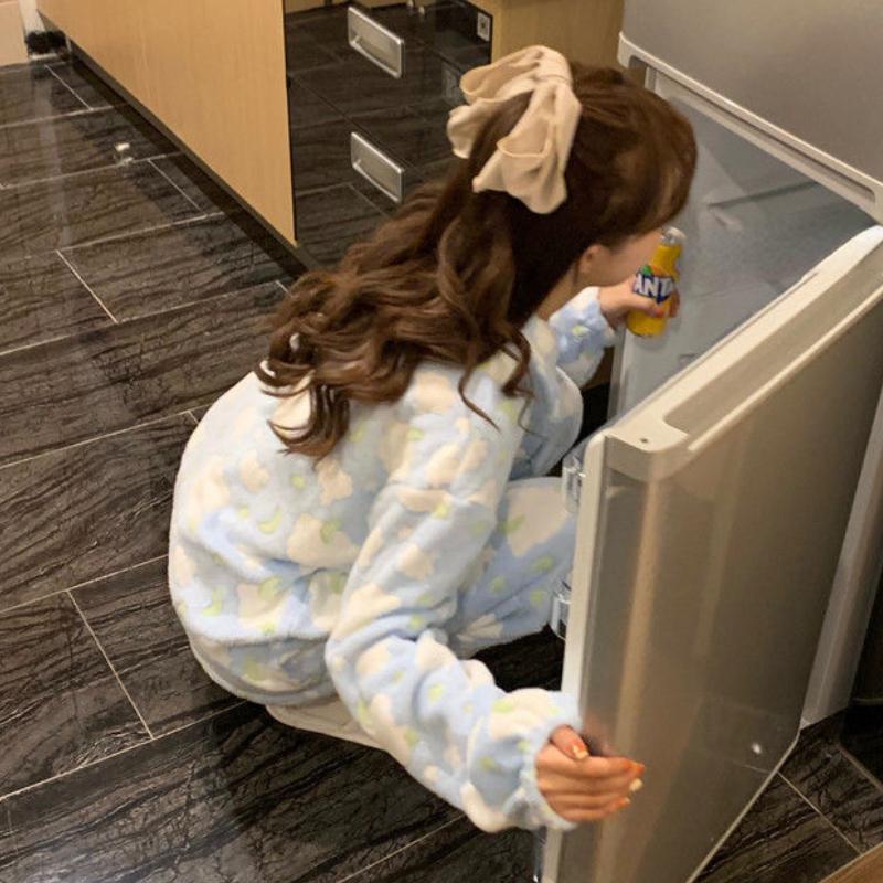 Winter Warm Pajama Sets Women Sweet Baggy Cloud Print Casual Home Girls Velvet Thicker Sleepwear Lounge Dormitory