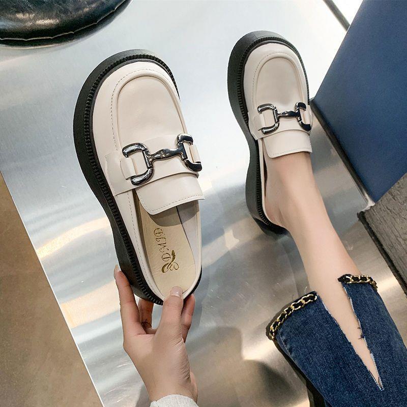 Baotou half slippers women's summer wear 2025 new thick-soled muffin Muller shoes British style leather drag retro sandals