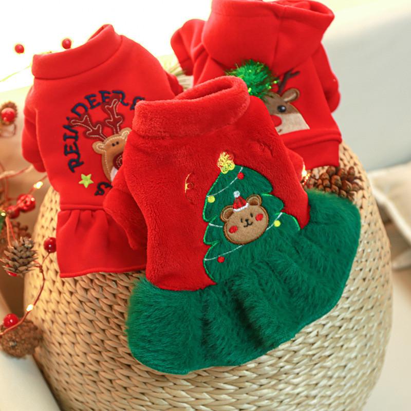 Adorable Red Christmas Dog Dress With Festive Reindeer Sweater Design For Pets