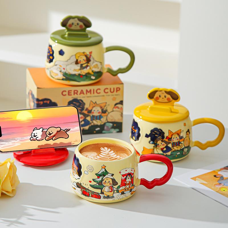 Creative Cartoon Ceramic Cup with Mobile Phone Holder Cover, Home Office Water Cup Gift Box, High Value Hand-painted Wind Mug