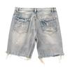 Men Summer Distressed Denim Shorts Button Zipper Fly Multi Pockets Short Jeans Straight Fit Ripped Holes Knee Length Distressed Denim Shorts