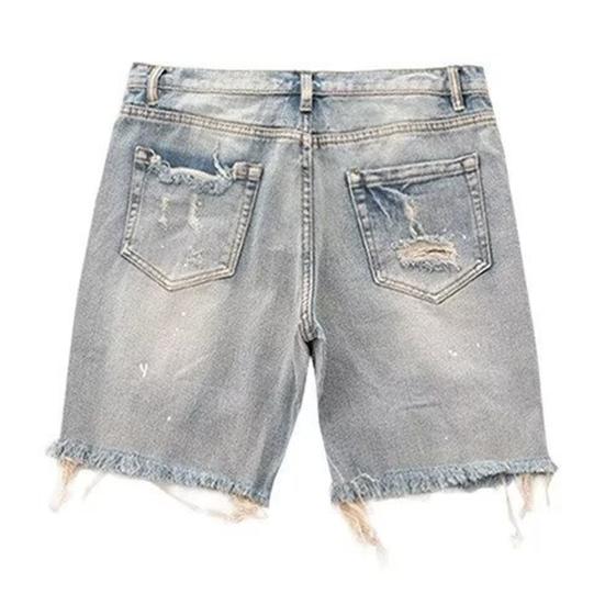 Men Summer Distressed Denim Shorts Button Zipper Fly Multi Pockets Short Jeans Straight Fit Ripped Holes Knee Length Distressed Denim Shorts