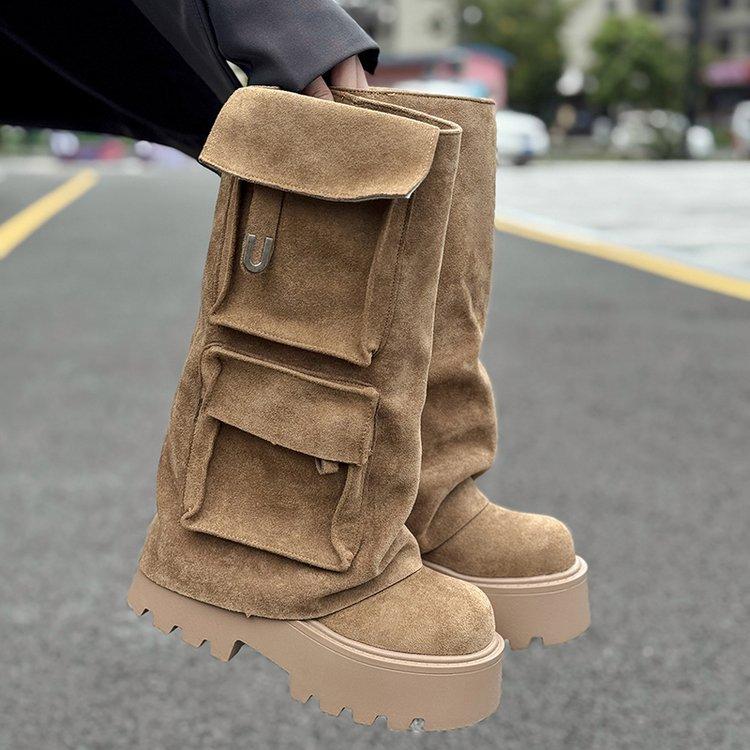 

Ретро ботильоны на толстой подошве 2025 лето новые тонкие длинные сапоги нишевый дизайн рыцарские сапоги карманные сапоги в стиле милитари 40 хаки