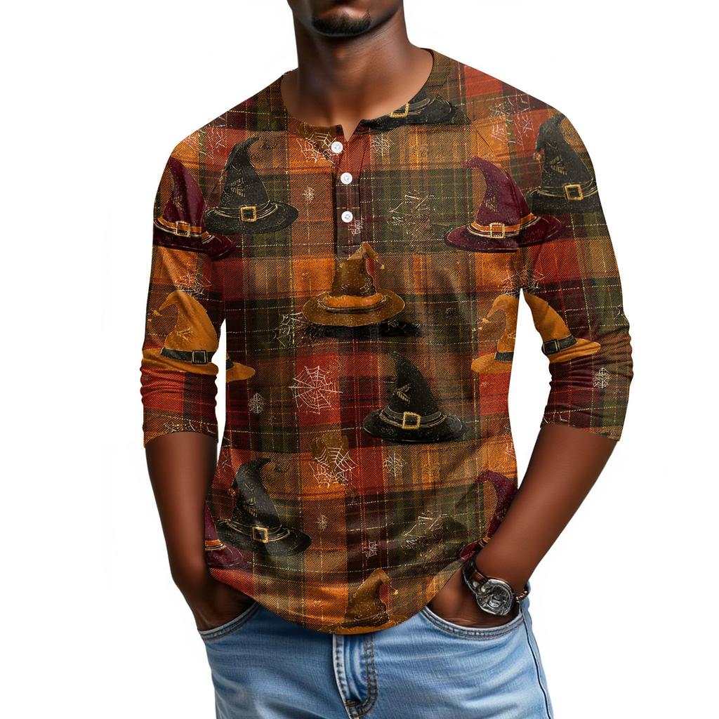 Men Casual Halloween Print Henley Shirt Raglan Sleeve Three Quarter Length Button Front Top for Fall Seasonal Wear