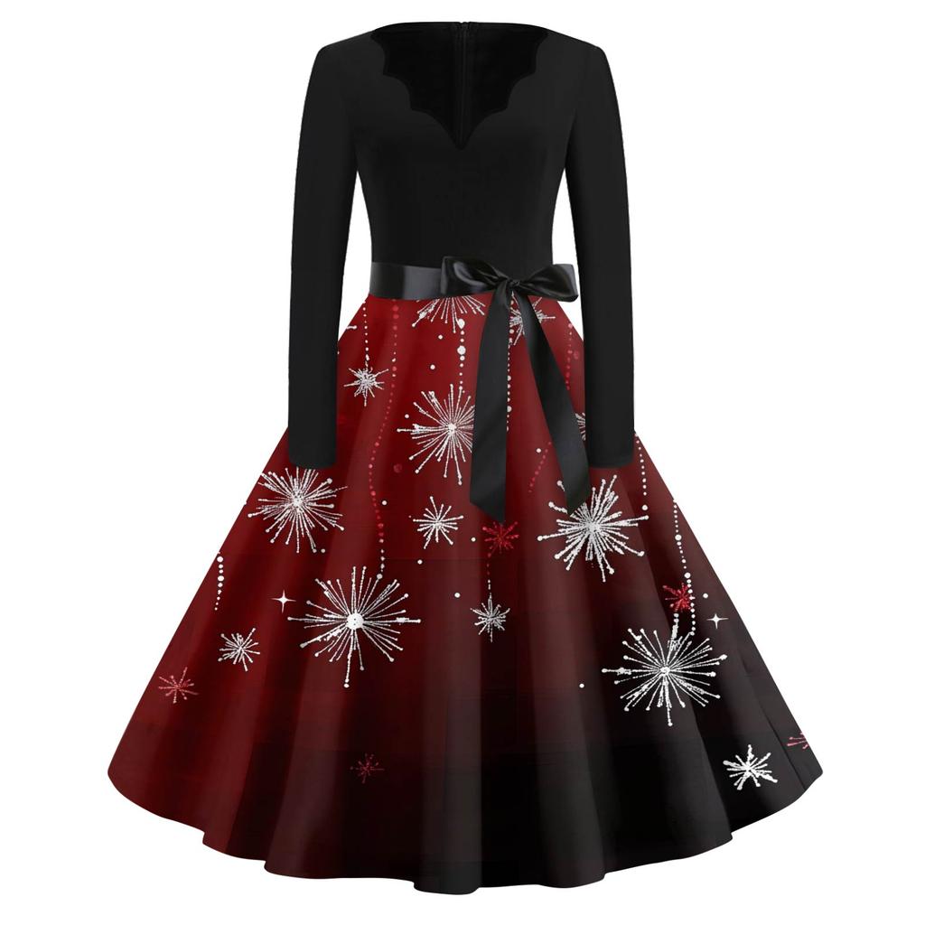 Dámské módní šaty s výstřihem do V, volného střihu, s vánočním potiskem a dlouhým rukávem