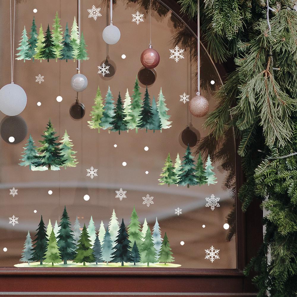 Watercolor Minimalist Fir Snow Festive Atmosphere Decoration for Balcony Glass Windows Beautifying Window Stickers