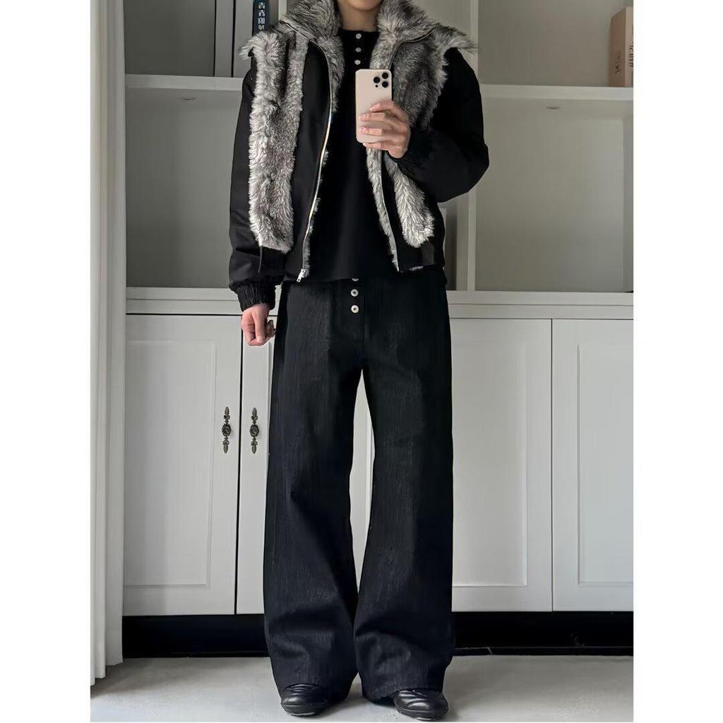 Unisex Black Double-Layer Collar Cotton Jacket, Winter Fleece-Lined, Thick Warm Two-Piece Effect.