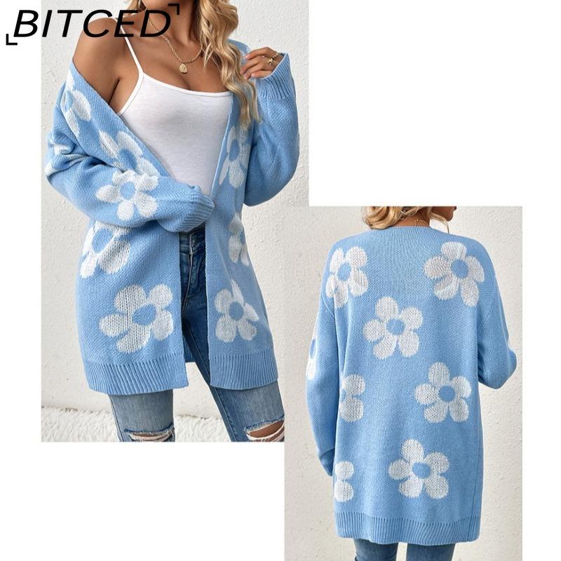 BITCED Autumn/Winter Mid-Length Cardigan for Women Loose-Fit Colour-Block Floral V-Neck Long-Sleeved Knitted Cardigan