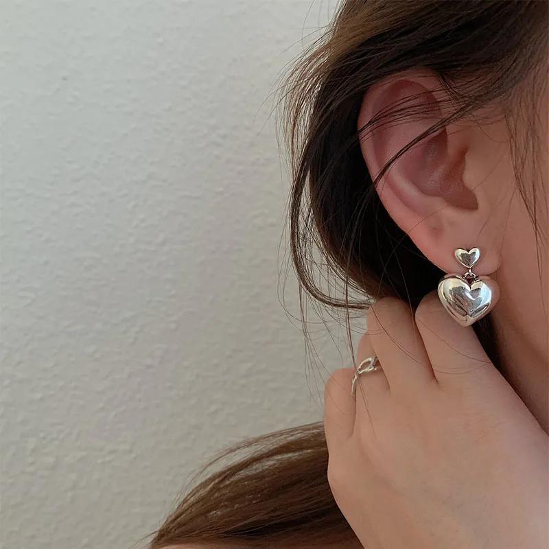 925 Sterling Silver Big Heart Drop Earrings For Women Girls Simple Temperament Hot Fashion Retro Silver 925 Jewelry