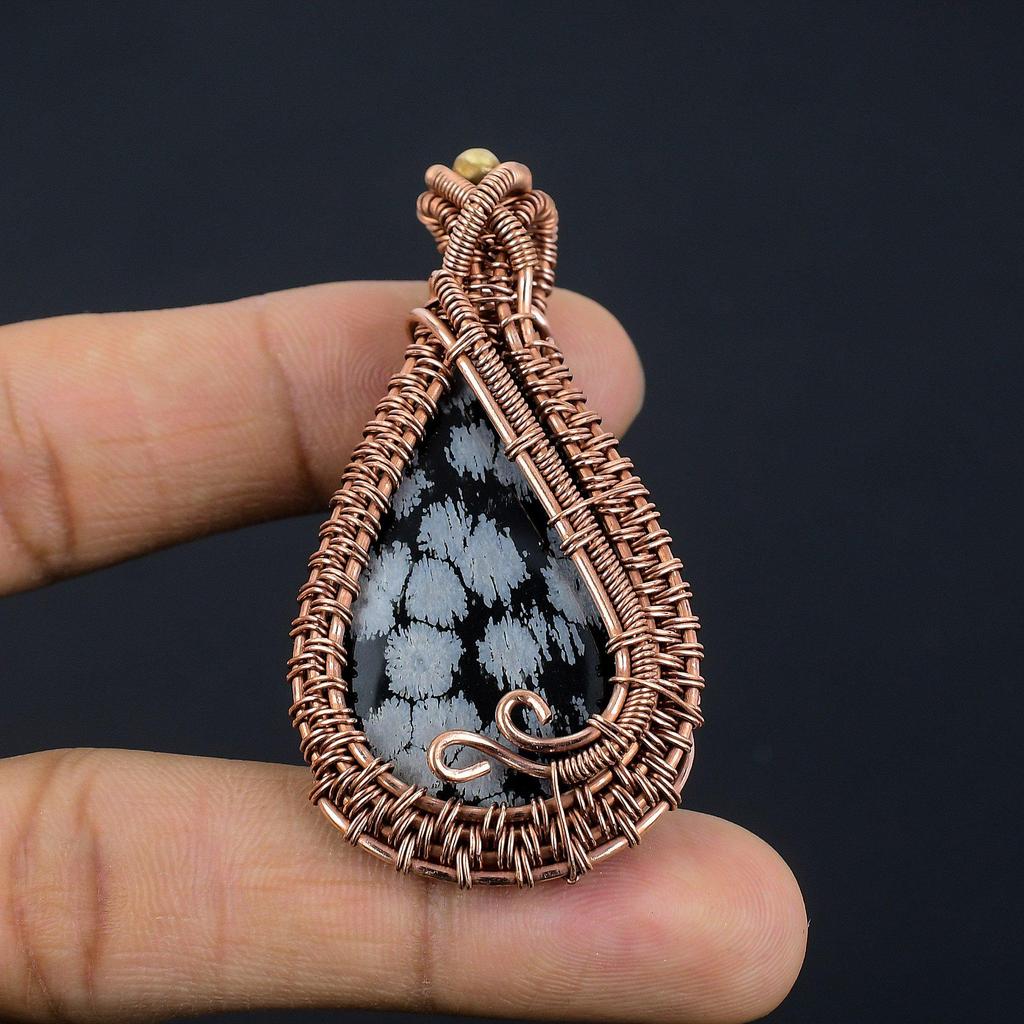 Snowflake Obsidian Pendant, 999 Copper Wire Wrapped Gemstone Handmade Dainty Jewelry Pendant, For Her