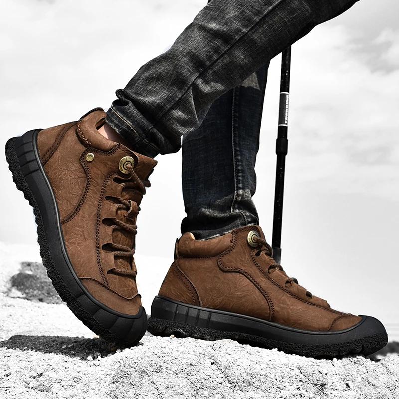 Fashion Men's Winter Boots Outdoor Warm Snow Shoes Men Casual Genuine Leather Sneakers 2024 Luxury Male Hiking Shoes Man Ankle Tooling