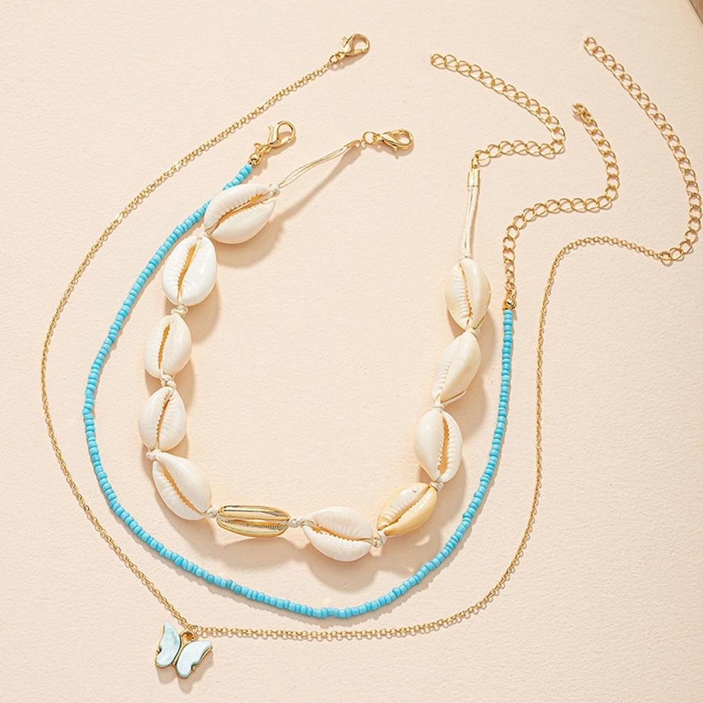 Bohemian Style Multi-Layer Clavicle Chain Necklace with Seed Beads and Shell Pendant for Women