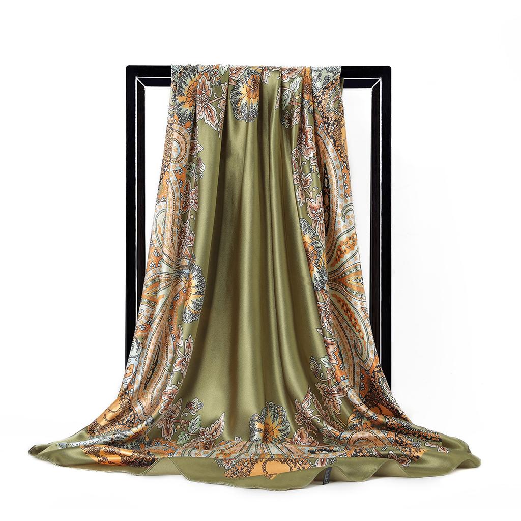 Dámska móda Square Vintage Print Saténový nákrčník Sun-proof šatka Šatky Šatka Vysoká kvalita 1PC 90*90cm