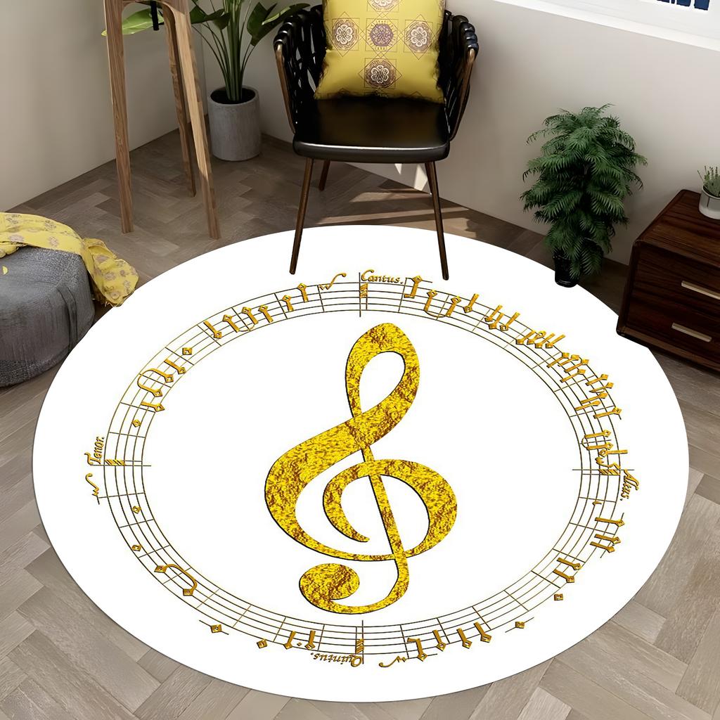 Golden Music Note Round Rug Shiny Metallic Instrument Design,Non-Slip Living Room Carpet,Luxurious Home Decor Gift for Musicians