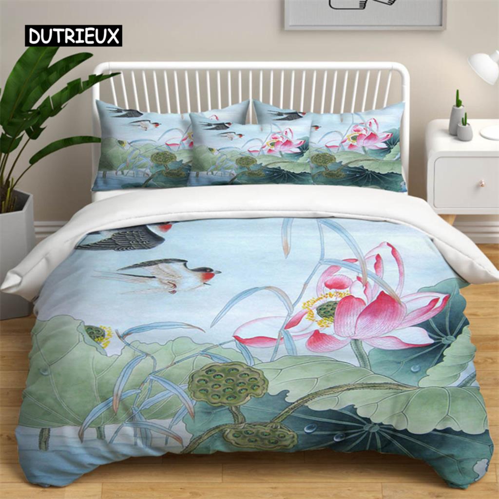 Lotus Floral Duvet Cover King Microfiber Water Hibiscus Bedding Set Flower Leaves Quilt Cover Nature Art Theme Bedspread Cover