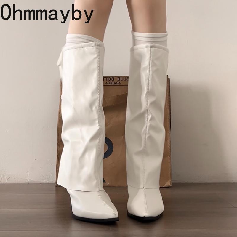 Winter Street Pointed Toe Women Knee High top Thin Heels Female Sexy Splicing Party Long Booties De Muje