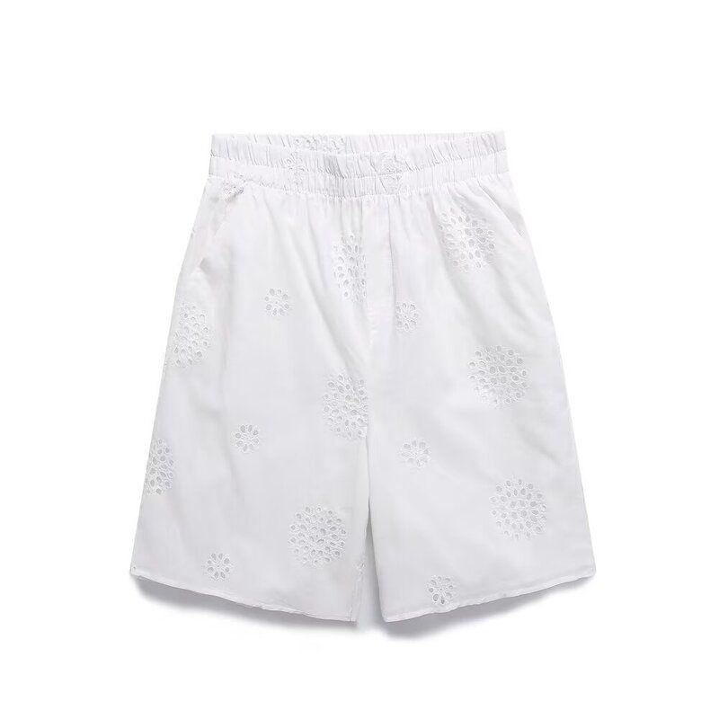 

Fashion Wind Spring and Summer New Long Sleeve V-neck Cut Out Embroider White shorts S