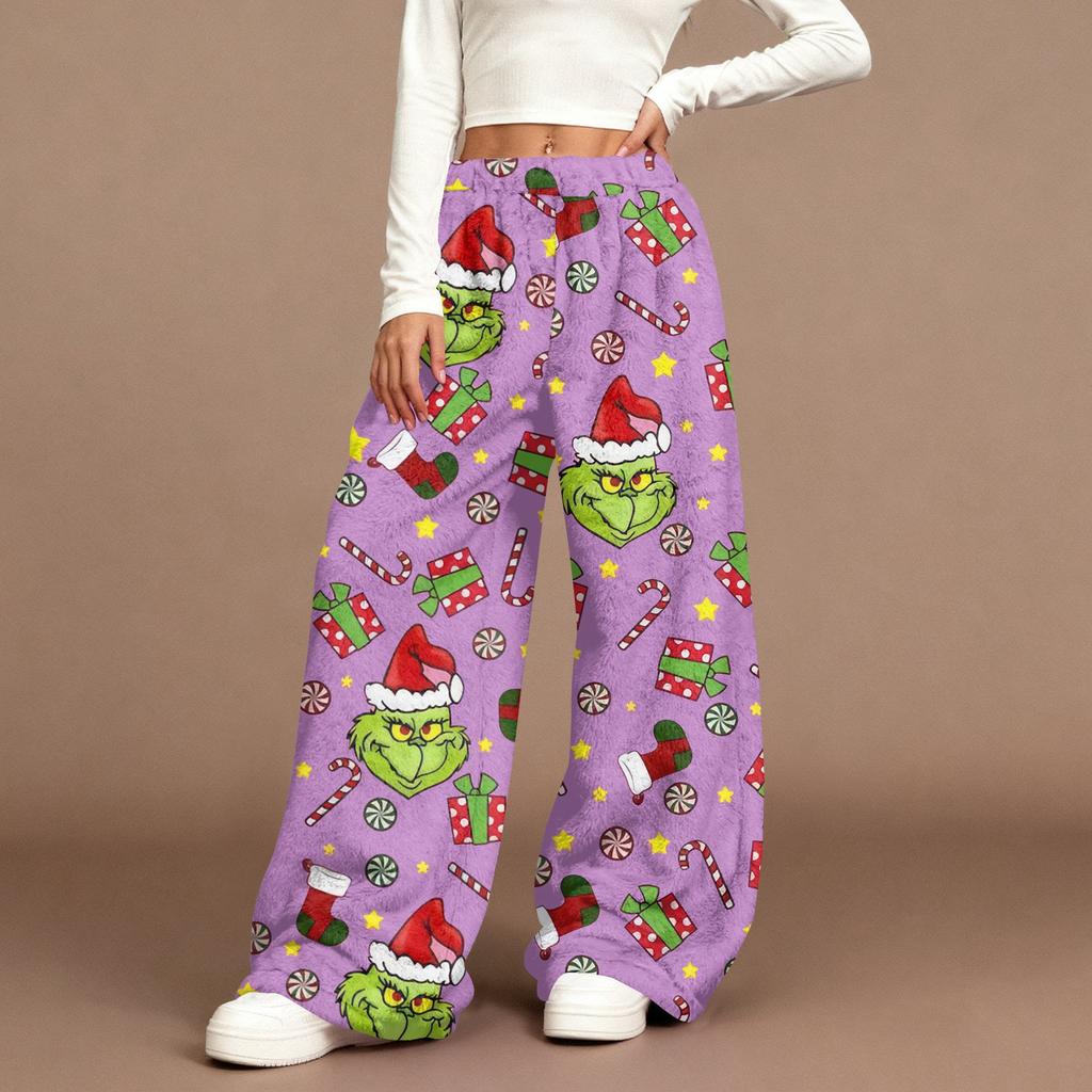 Women's Casual Fashion Christmas Print Elastic Waist Loose Plush Wide Leg Pants