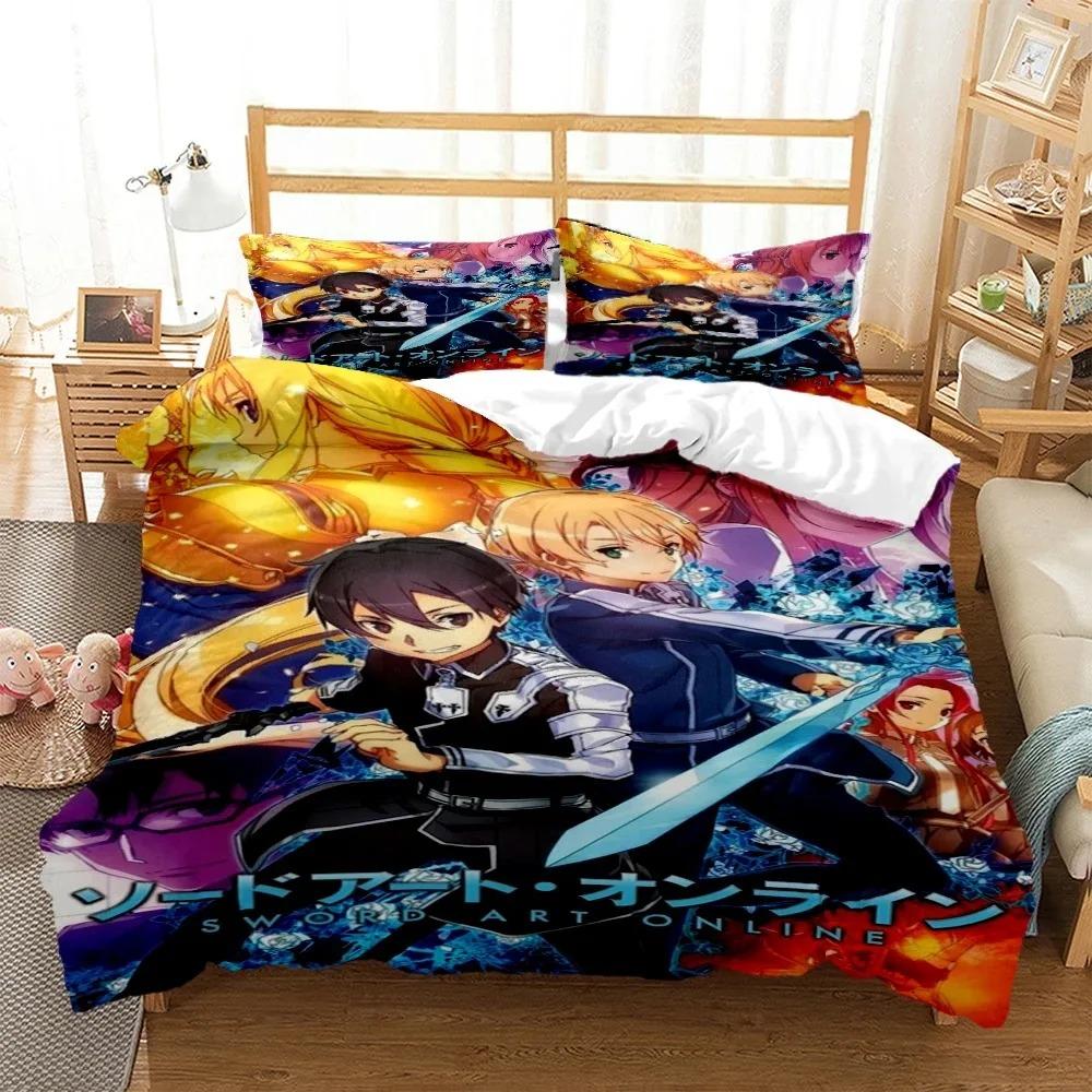 SAO Anime Art Print Three Piece Bedding Set Fashion Article Beds Quilt Covers Pillowcases Duvet Cover for Boys Adults