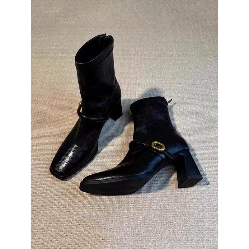 Square Head High Heel Skinny Boots Women's French Coarse Heel Retro Back Zipper Short Boots Elastic Fashion Boots