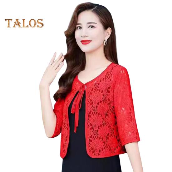 

Женское осенне-весеннее пальто на шнуровке с цветочной вышивкой, однотонная шаль, рукава три четверти, свободная ажурная кружевная круглая горловина, короткий тип защиты от солнца M вино красного