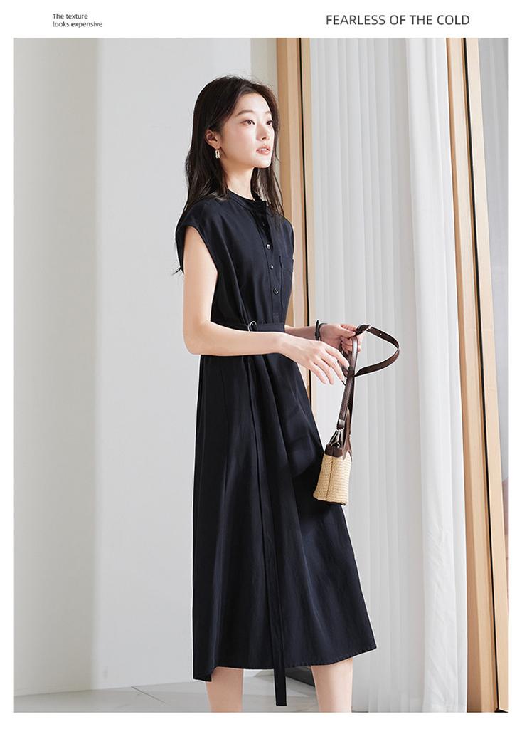 Round neck half open collar lace up shirt dress for 2026 summer simple commuting versatile slimming mid length dress