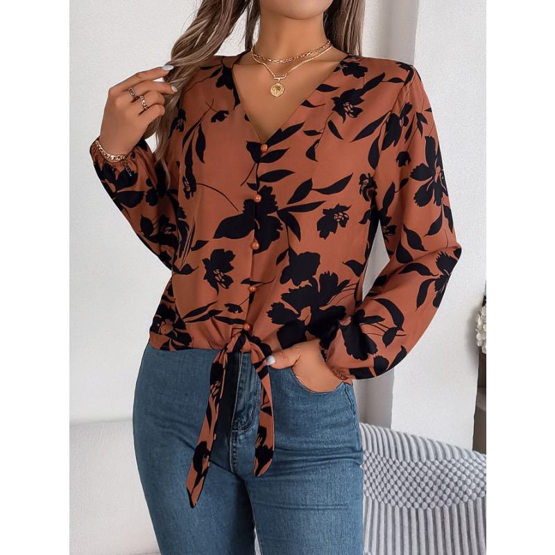 

Женский повседневный топ из шифона с цветочным принтом и рукавами-фонариками, осенне-зимняя модель XL