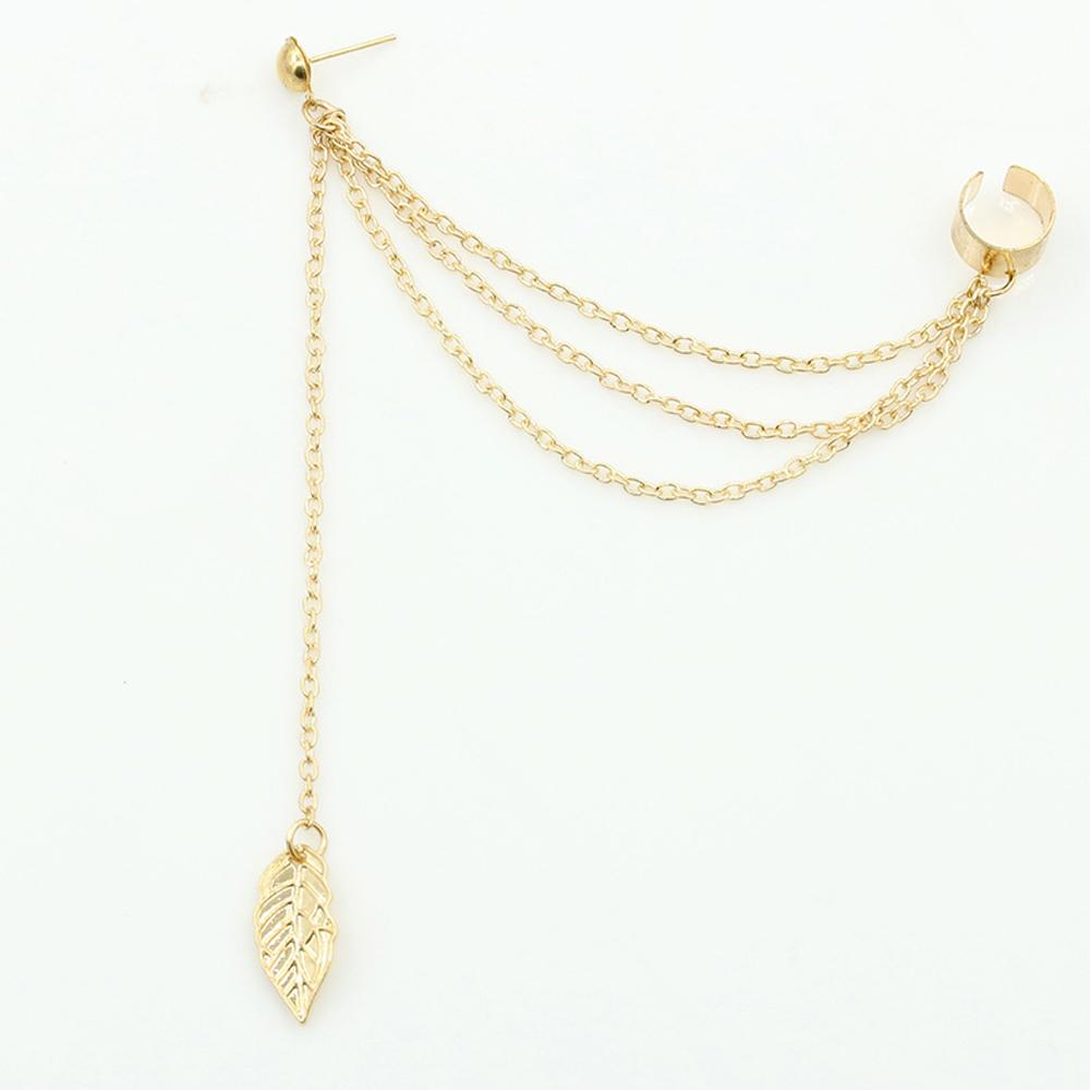 SUEMNG 2024 New Fashion Punk Style Young Gift Leaf Chain Tassel Earrings for Woman Metallic Jewelry Ear Clip Gifts золотой