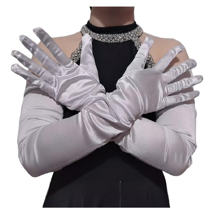 

NightClub Party Gloves Stage Performances Satins Gloves Long Length Hand Gloves білий
