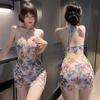Sexy Deep V Perspective Tight Body Halter Suspender Hip Skirt Pure Lust Hot Girl Floral Tea Break French Style Sub