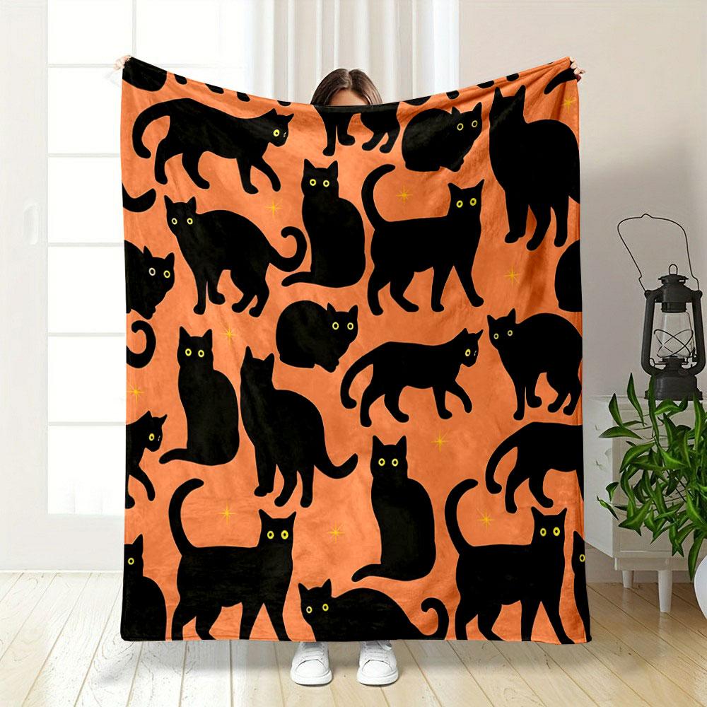 Black Cats on Orange Background Patterned blanket, flannel, suitable for all seasons, home decor, warm and cozy