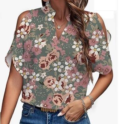 Amazon European and American cross-border women s clothing 2026 summer new printed V-neck temperament fashion off-the-shoulder sleeve women s top S