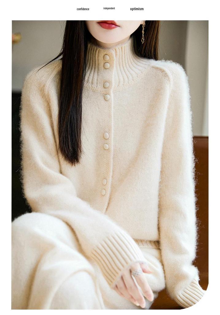 Women's Solid Color Wool Cardigan - High Neck, Long Sleeve, Loose Fit Sweater
