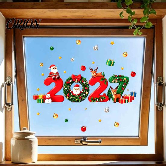 Holiday Party Decorations 2027 Christmas New Year Window Clings, Santa Reindeer Gift Ball Static Easy Installation Stickers Decals, PVC Removable