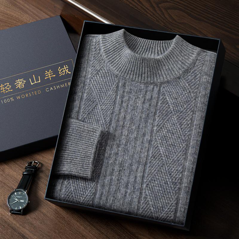 Men's Cashmere Cable Knit Sweater - Autumn/Winter 2025, Loose Fit, Semi-High Neck, Gentle Style