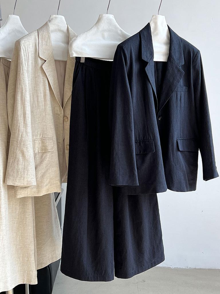 Women's Autumn Cotton Linen Blazer Suit Set with Pants