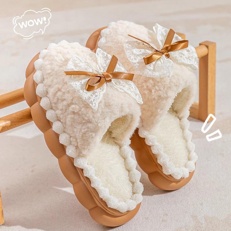 New warm bow cotton slippers autumn and winter thick bottom non-slip home plush couple drag home confinement cotton shoes women