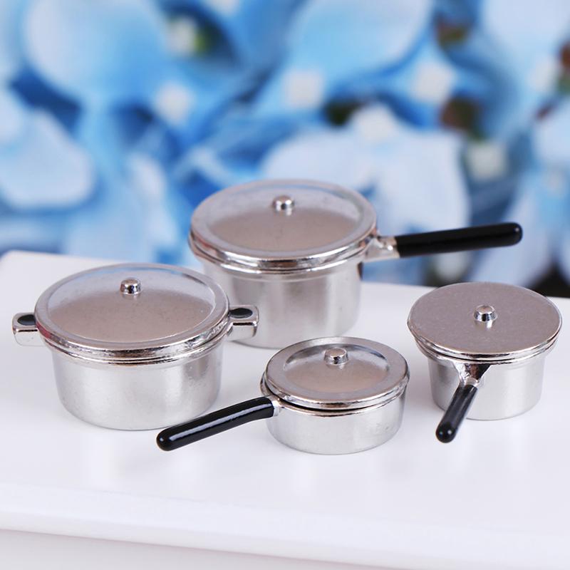 Set Of 4 Dollhouse Mini Silver Pans