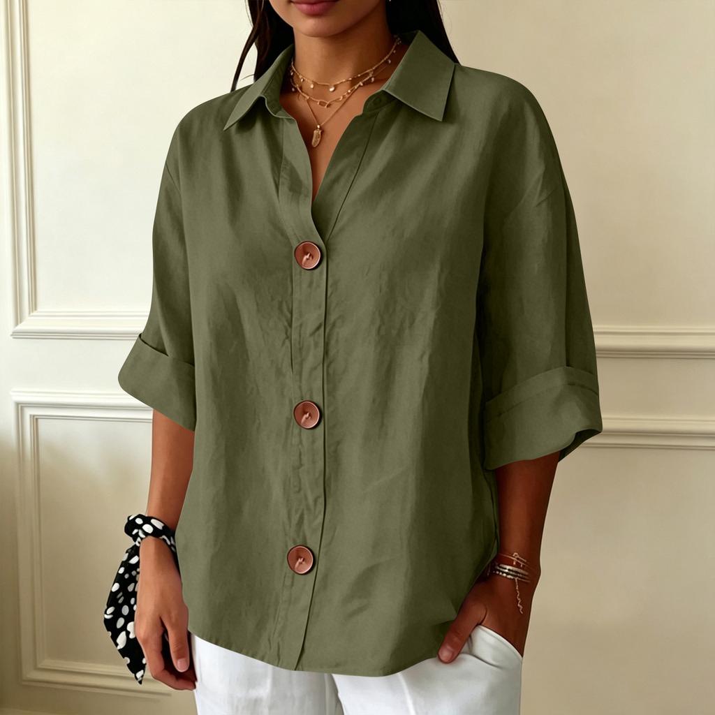 Women's Casual Loose Fit Button Down Shirt Three Quarter Sleeve Collared Blouse Lightweight Soft Fabric Relaxed Style