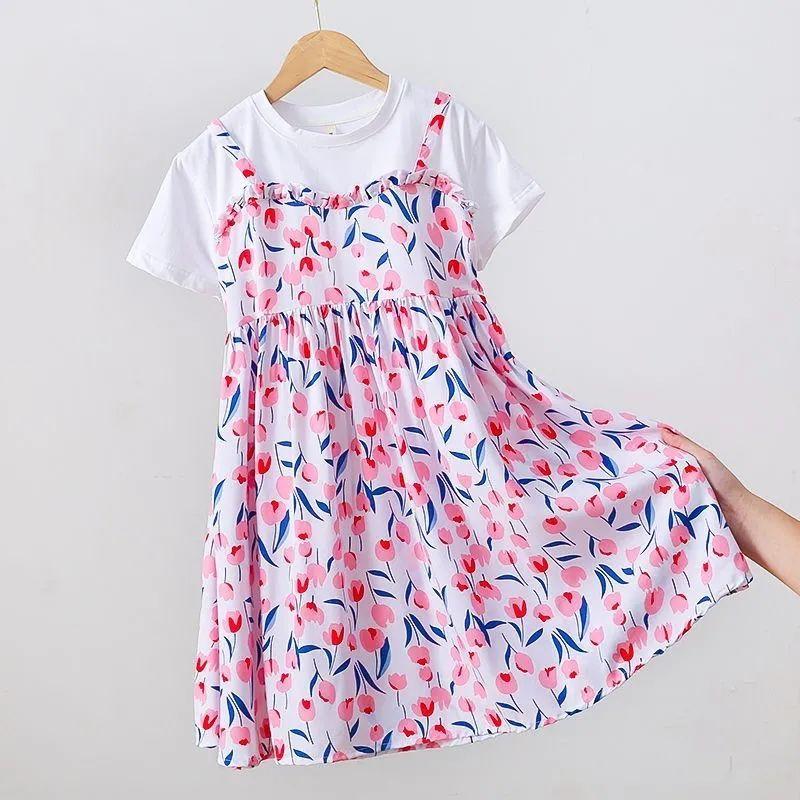 Dívčí letní nové šaty s falešným dvoudílným vzhledem Letní šaty Pro dívky Chladivé dlouhé šaty