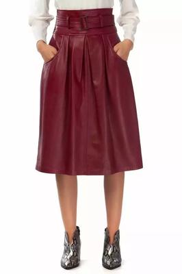 Burgundy Women's Real Lambskin Leather Designer Skirt Belted Pocket Casual Party